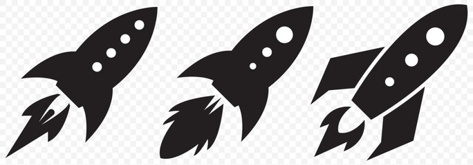 Space rocket black silhouette logo icon isolated on Transparent background, clip art bundle set Mastering Rocket Icons and Graphics: A Guide to Vector Art on Transparent Background. EPS 10.