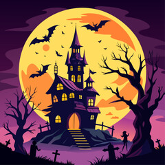 Spooky haunted mansion with a full moon and bats on halloween night