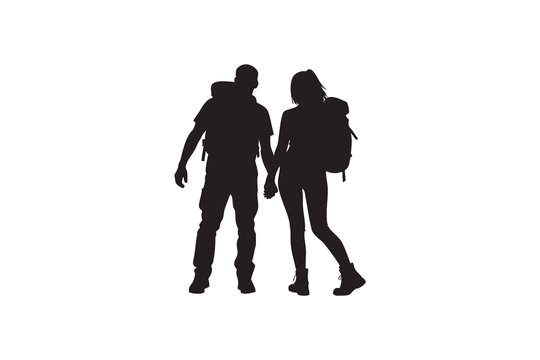 Silhouette of a couple hiking together holding hands with backpacks on a white background representing outdoor activities love and adventure in a simple and