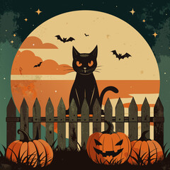 Black cat and jack o lanterns on halloween night under a full moon