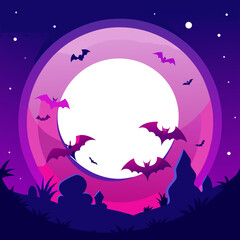 Spooky halloween night with flying bats and a large full moon