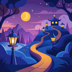 Enchanting japanese garden path lit by lanterns under a crescent moon