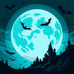 Spooky halloween night with a large turquoise moon and flying bats over a haunted castle