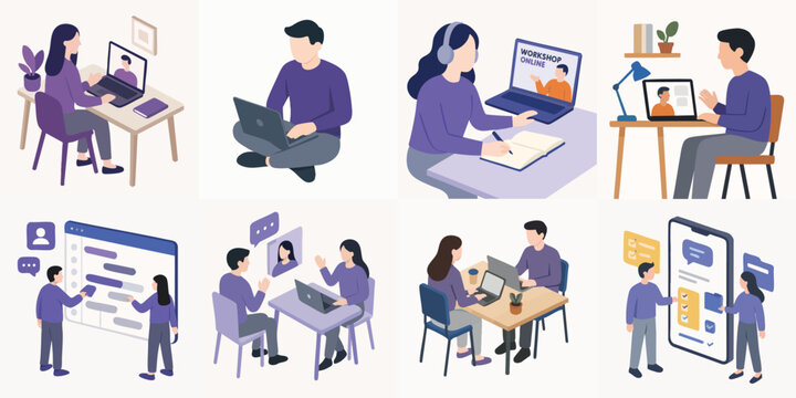 Isometric Illustration People Having Online Meeting and Working from Home