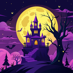 Spooky purple haunted castle on a hill under a giant full moon