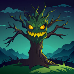 Scary halloween monster tree with glowing eyes and sharp teeth in a dark forest