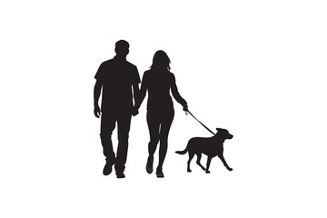 Silhouette of a couple holding hands walking a dog on a leash isolated on white background representing love companionship and pet ownership