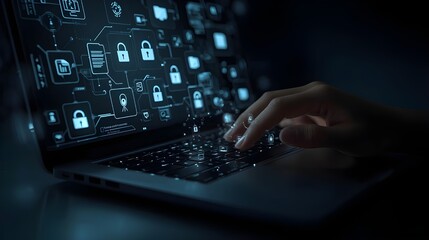 Obraz premium floating digital icons representing cybersecurity, cloud storage, and data protection—highlighting modern technology and secure computing.