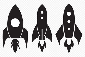 Set of rocket vector icons. Launch spaceship or spacecraft. Rocket fast flying for space. New business start up on Transparent Background. EPS 10.