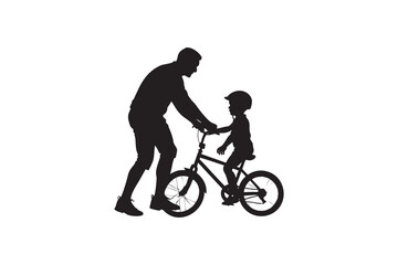 Fototapeta premium Father teaching his child to ride a bike silhouette learning to ride family activity fatherhood childhood support encouragement and skill development concept