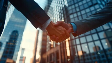 Corporate handshake, detailed view of two business professionals in a moment of agreement, skyscraper office background - Powered by Adobe