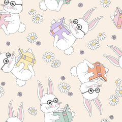 Whimsical Bookish Spring Vector Seamless Pattern Featuring a Cute Bunny Reading a Book in Glasses with Daisies and Floral Elements in Vintage Hand Drawn Style. Ideal for childrens room decor, nursery