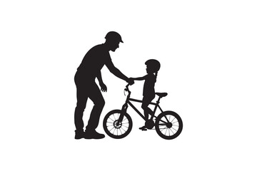 Obraz premium Silhouette of Father Teaching Daughter to Ride Bike Fatherhood and Childhood Moment Learning to Ride Family Activity Father Daughter Bond Black and White