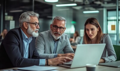 Fototapeta premium Business professionals in formal attire collaborating on project strategy while using a laptop in a modern office space, focused team discussion between male and female business workers
