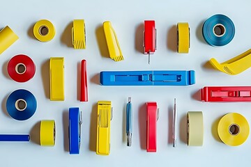 A modern flat lay of staplers, hole punchers, and tape dispensers in bold primary colors, positioned dynamically on a crisp white background.