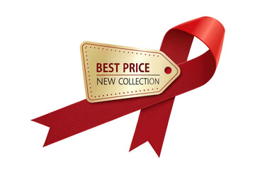 Red ribbon with golden tag best price new collection isolated on transparent background