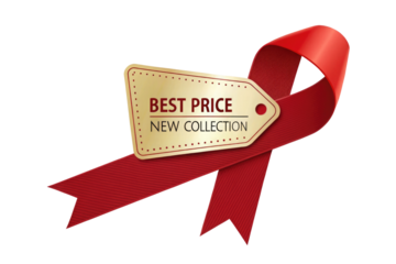 Red ribbon with golden tag best price new collection isolated on transparent background