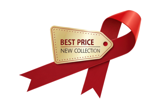 Red ribbon with golden tag best price new collection isolated on transparent background