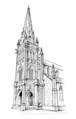 Fototapeta premium Drawing of church Our Lady of Good News in Lorient. Sketch of ancient gothic cathedral. Black and white page for kids coloring book. French medieval architecture. Hand drawn vector illustration.