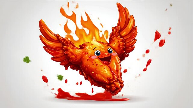 A friendly, animated chicken wing with fiery wings, splashy red sauce