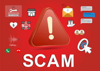 SCAM message with red warning triangle, surrounded by symbols envelope, clickbait icon, giveaway, cloned accounts, spam messages, and online scam warnings. 