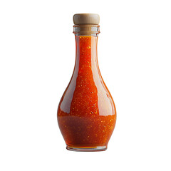 A bottle of vibrant red sauce with visible spices and a cork-style lid. isolated on white background and transparent background