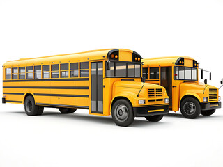 Two yellow school buses parked side by side on a white background in a studio setting with shadows
