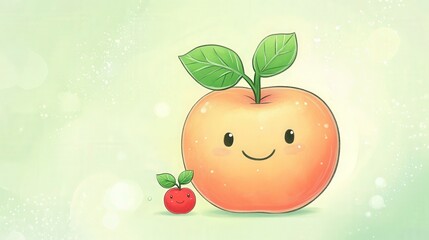 A cute apple cartoon character with a happy face and a smaller apple