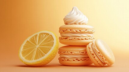 A stack of lemon macaroons with cream and a lemon slice on orange background