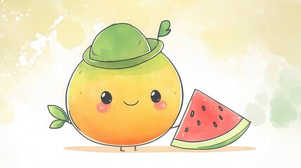 A cute orange cartoon character with a watermelon slice and a green hat