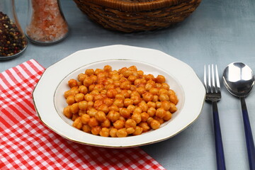 Chickpeas or Nohut, a traditional Turkish dish, ready to be eaten on the table.
