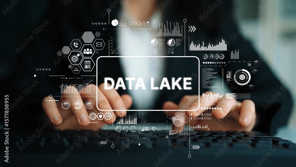 Aufkleber business professional analyzing data lake concepts with digital graphics and technology elements on 