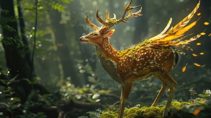 Fantasy Fawn with Antlers and Feathered Wings in a Sunlit Forest