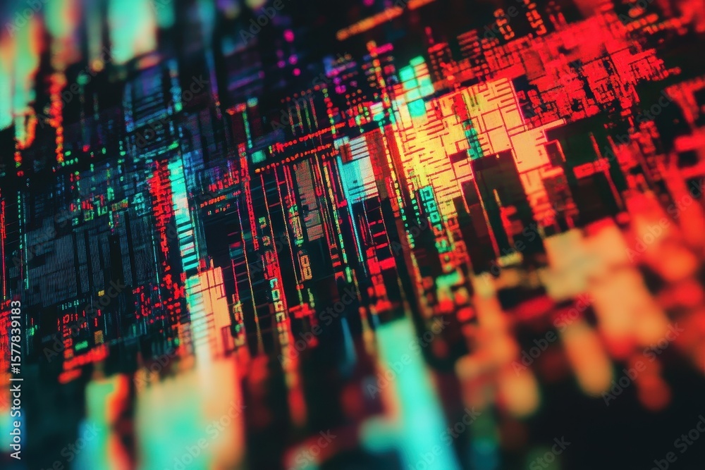 Poster vivid colors and patterns create a digital noise effect on a glitch screen background, error damage 