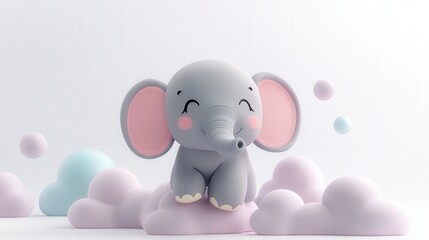 A cute elephant sitting on clouds with pastel spheres in the background