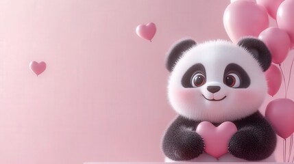 A cute panda bear holds a pink heart balloon on a pink background
