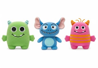 Adorable Plush Monster Toys Set - Three cute plush monster toys in green, blue, and pink. Perfect for kids, gifts, or home decor. Soft and cuddly