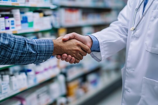 Fellow pharmacists shake hands in agreement in a busy pharmacy setting, fellow pharmacists shaking hands in agreement close-up