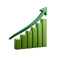 Green 3d bar chart with upward trend arrow isolated on transparent background