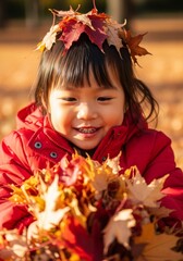 Autumn Joy: Child with Maple Leaves - A happy toddler girl in a red coat plays joyfully in a pile of autumn leaves, a crown of maple leaves adorning her head.