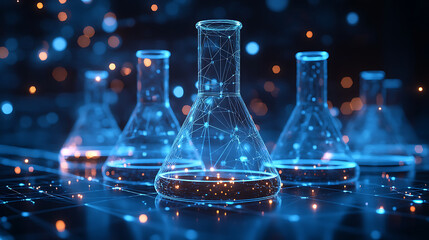Futuristic laboratory scene with glowing beakers and scientific data visualizations in background