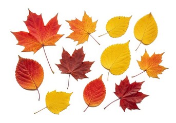 Naklejka premium Autumn Leaf Collection - Vibrant autumn leaves in red, orange, and yellow, arranged on a white background. Perfect for fall-themed designs