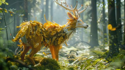 Fantasy Fawn with Antlers and Feathered Wings in a Sunlit Forest