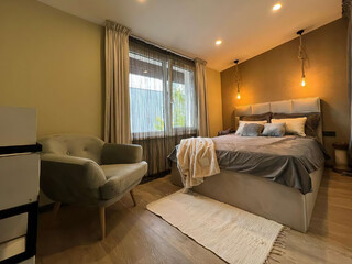 Modern luxury bedroom interior in minimal scandinavian style, 3d render