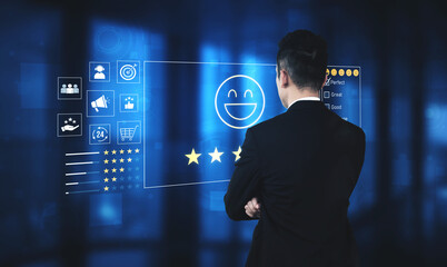 Customer feedback and satisfaction rating system showing star review, happy face, performance...