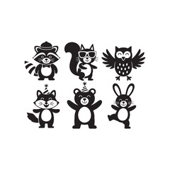 Obraz premium Black and white cartoon animals with party hats and sunglasses on white background