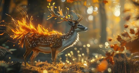 Fantasy Fawn with Antlers and Feathered Wings in a Sunlit Forest