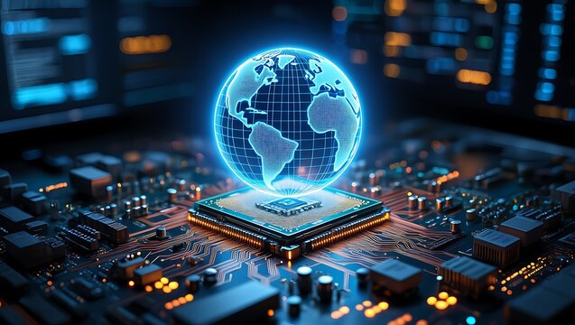 Digital Earth Above Modern Processor, Global Communication Technology on Advanced Computer Circuit Board