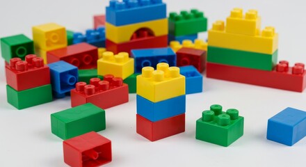 Colorful Plastic Building Blocks - A scattering of colorful plastic building blocks on a white background, ideal for educational or playful themes