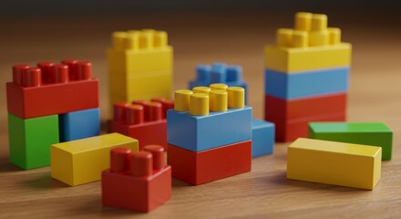 Fototapeta premium Colorful Plastic Building Blocks - Assorted colorful plastic building blocks scattered on a wooden surface. Perfect for educational or playful imagery